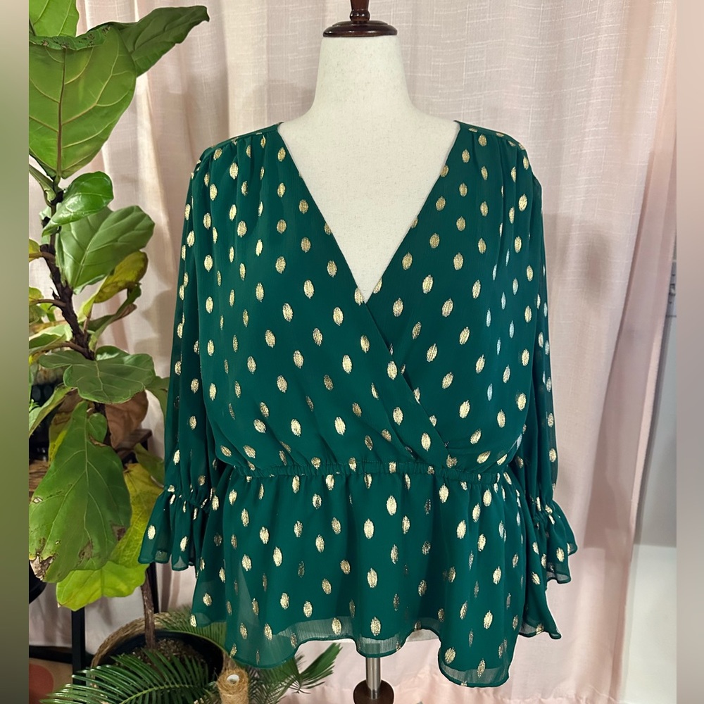 Chic Women's Blouse in Forest Green with Gold Polka Dot Accents